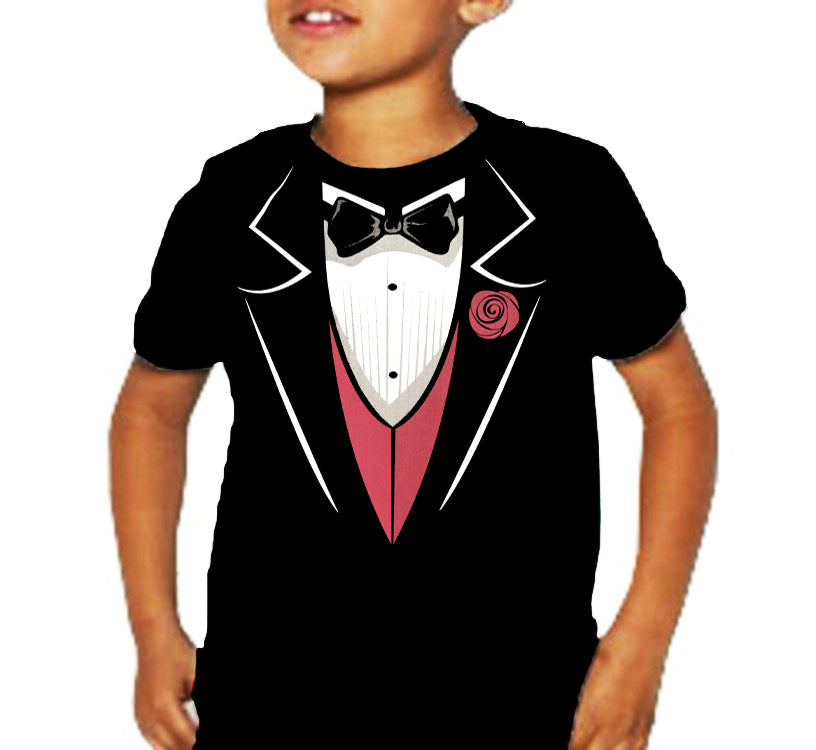 Tuxedo T-Shirts - Tuxedo With Pink Vest And Flower Kid's T-Shirt (Black)
