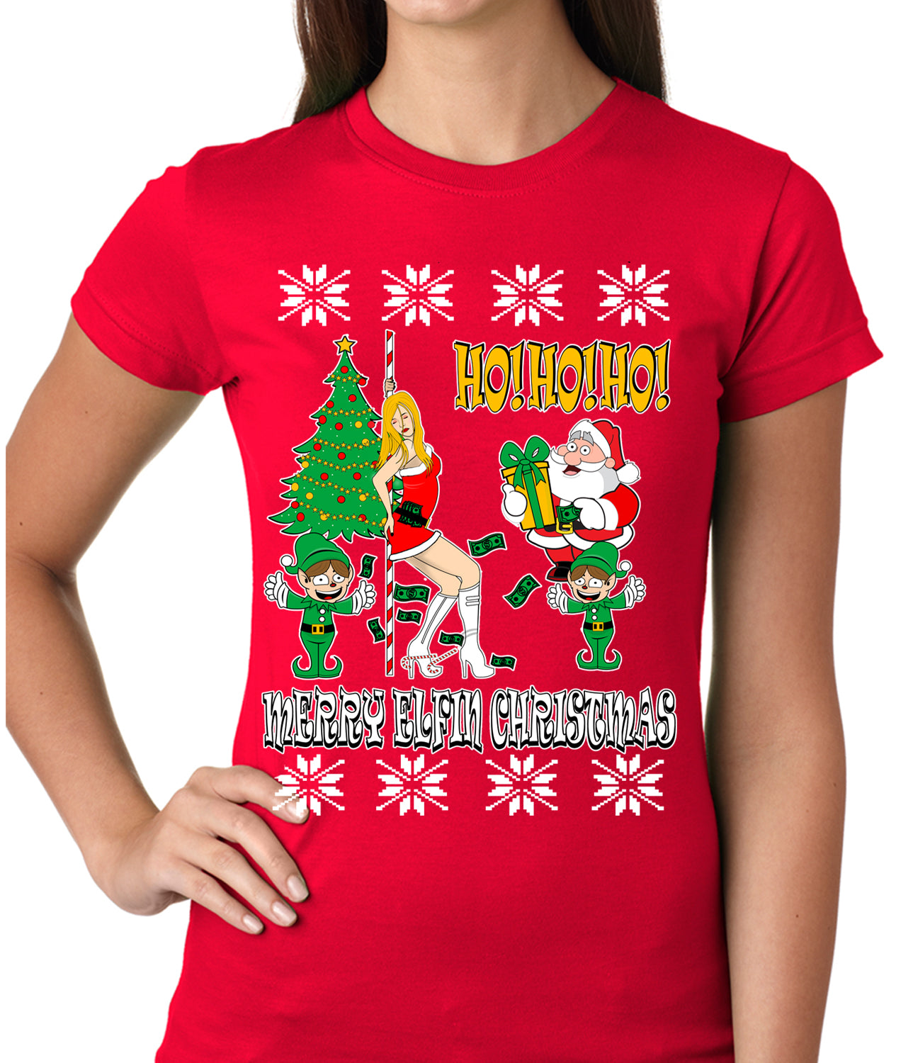 Ugly Christmas T-shirt - Santa and the Stripper Girls T-shirt