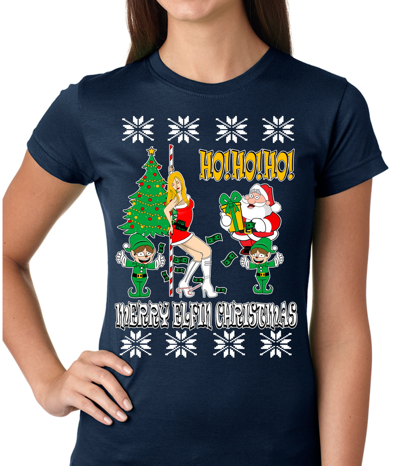 Ugly Christmas T-shirt - Santa and the Stripper Girls T-shirt