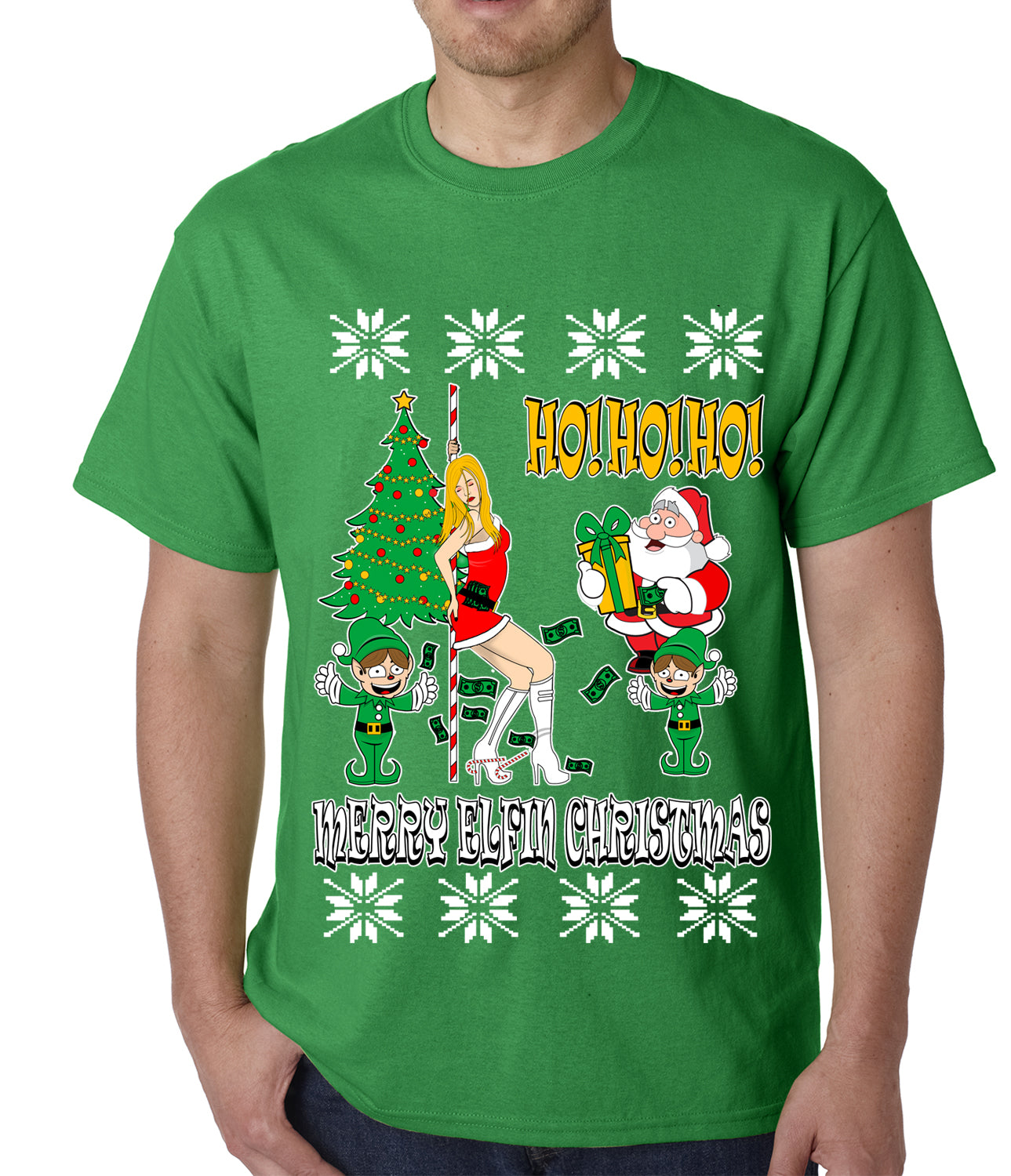 Ugly Christmas T-shirt - Santa and the Stripper Mens T-shirt