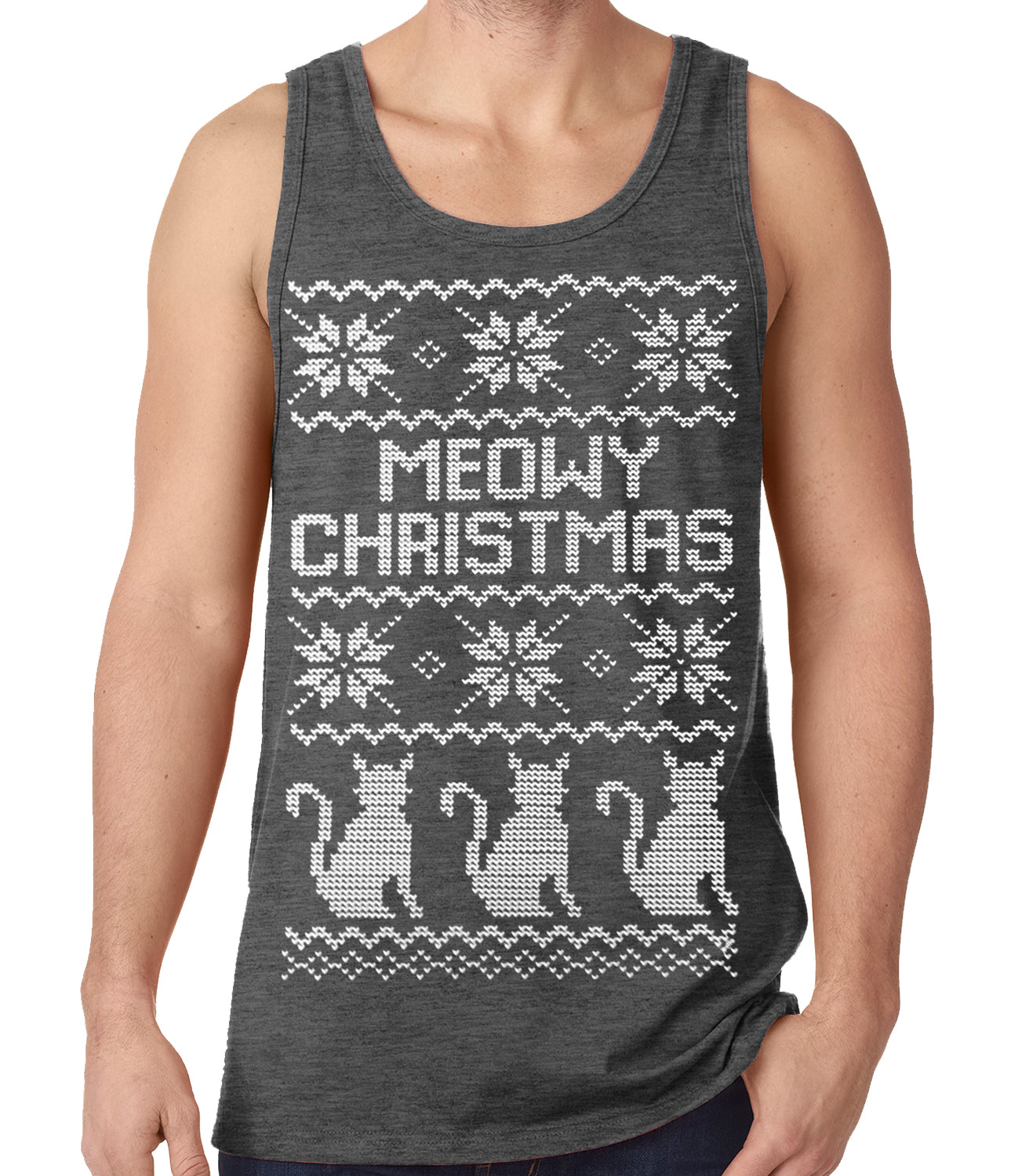 Ugly Christmas Tank Top - Meowy Christmas (White Print) 3 Cats Ugly Christmas Tank Top