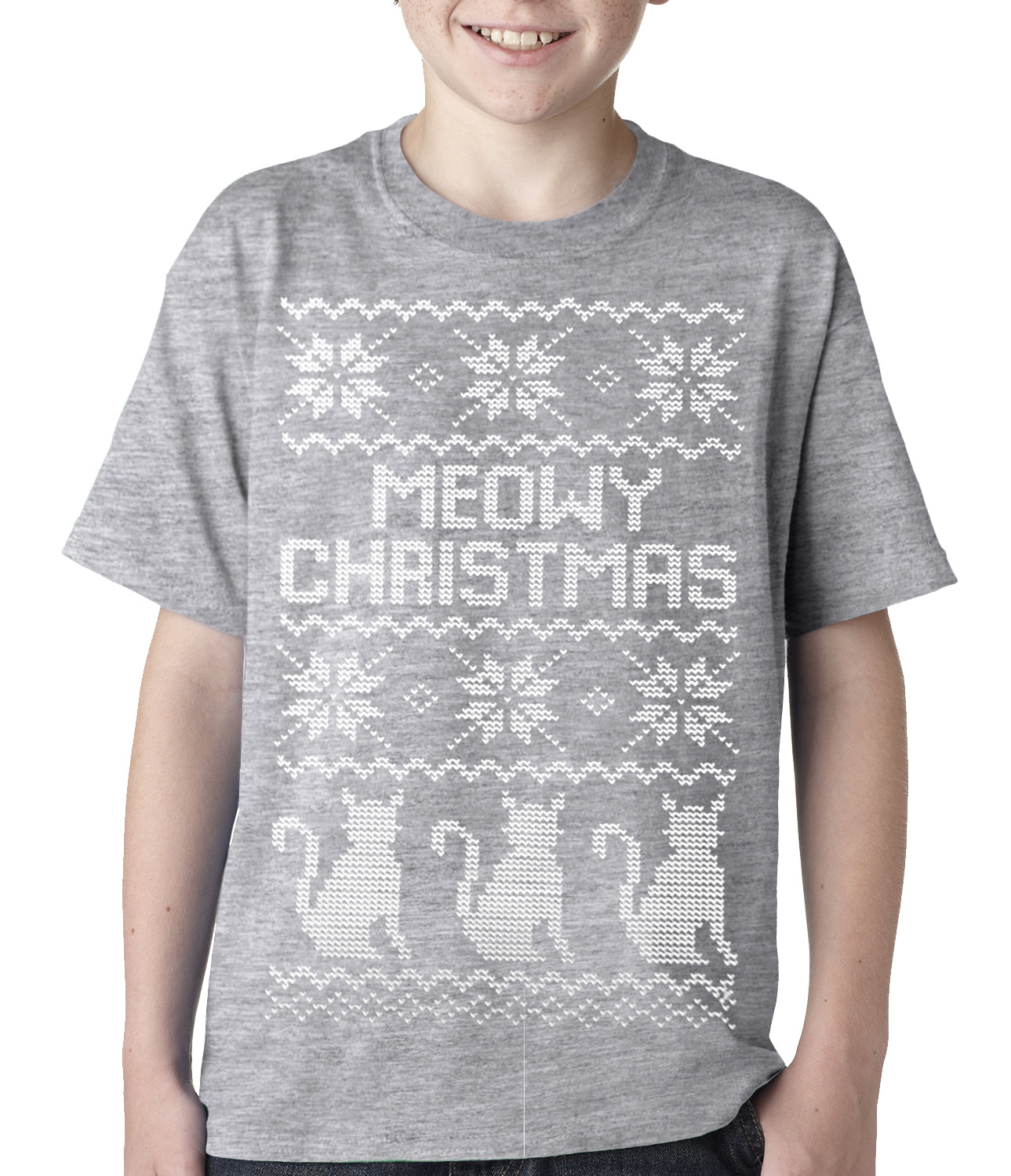 Ugly Christmas Tee - Meowy Christmas (White Print) 3 Cats Ugly Christmas Kids T-shirt