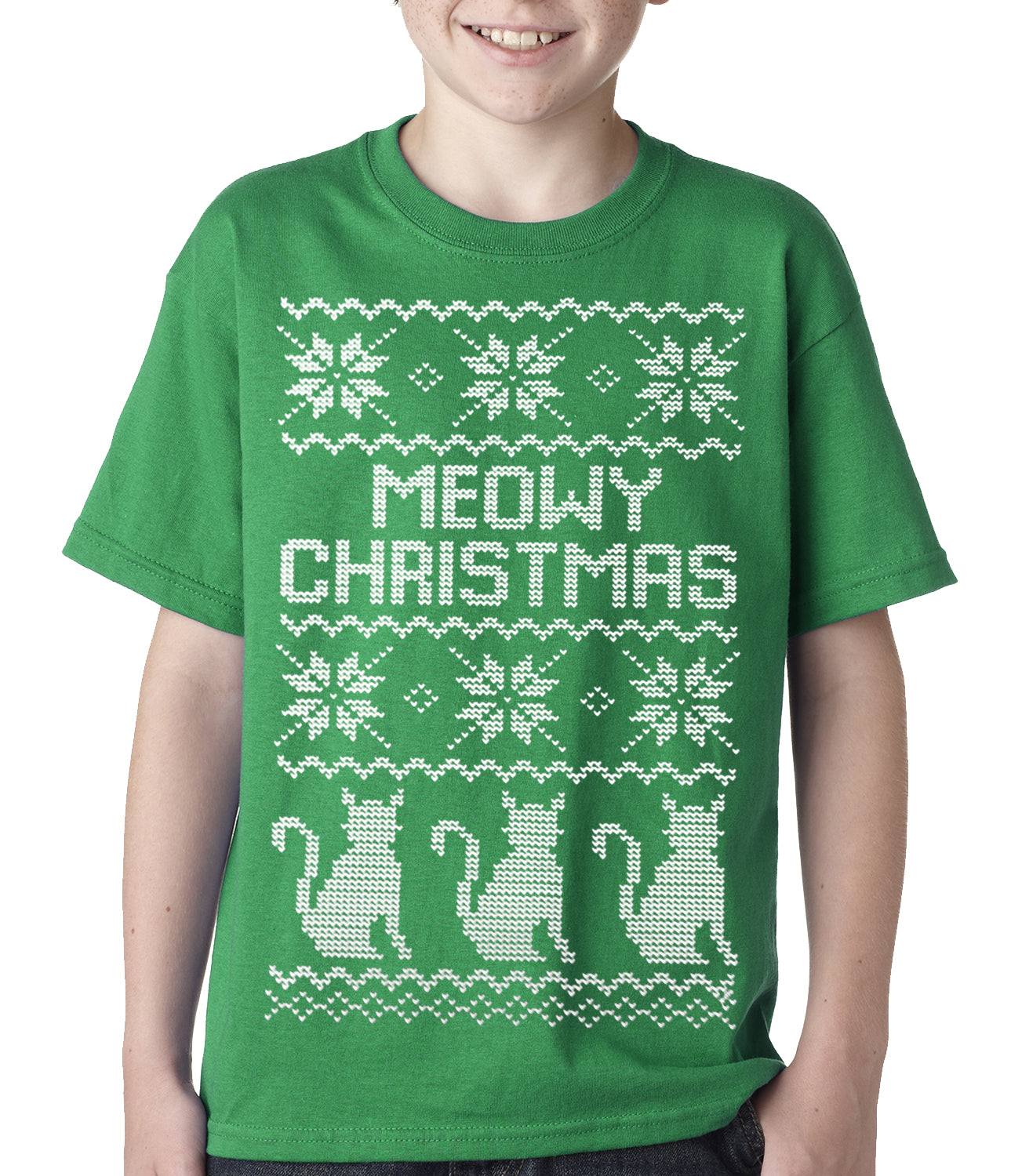 Ugly Christmas Tee - Meowy Christmas (White Print) 3 Cats Ugly Christmas Kids T-shirt