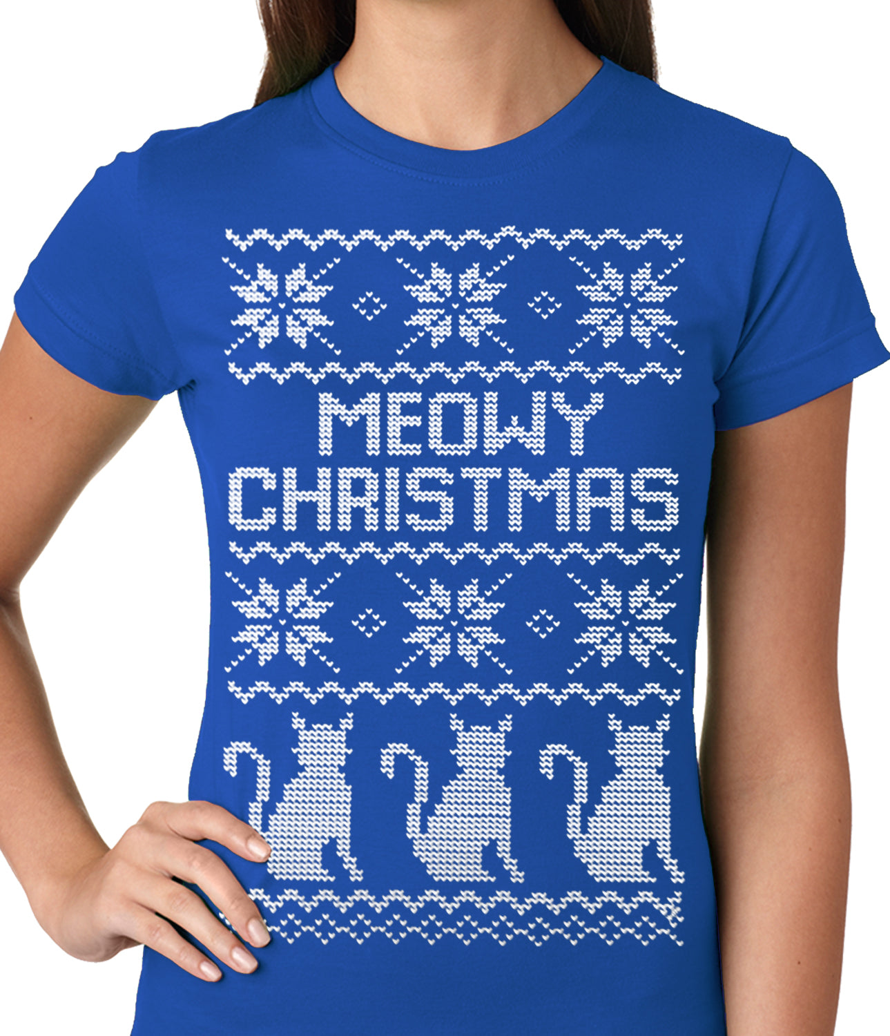 Ugly Christmas Tee - Meowy Christmas (White Print) 3 Cats Ugly Christmas Ladies T-shirt