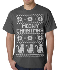 Ugly Christmas Tee - Meowy Christmas (White Print) 3 Cats Ugly Christmas Mens T-shirt