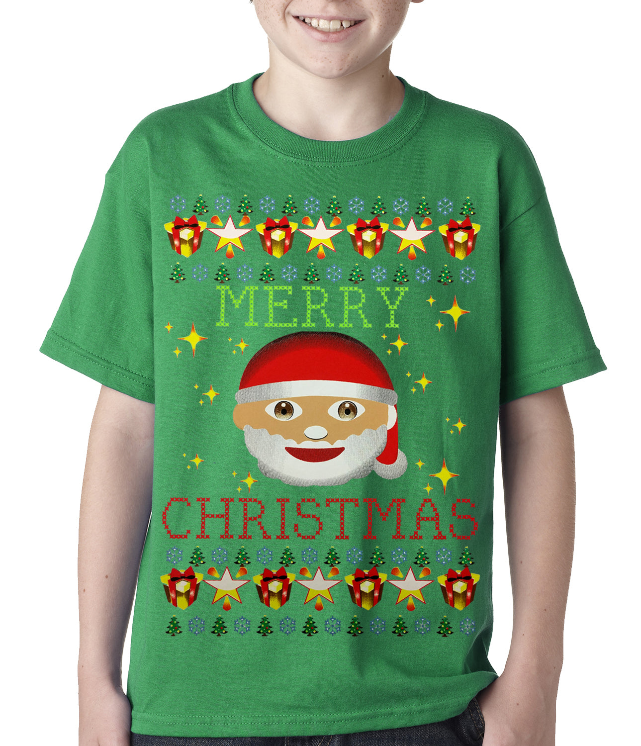 Ugly Christmas Tee - Ugly Christmas Tee - Emoji Santa Ugly Christmas Kids T-shirt Kelly Green