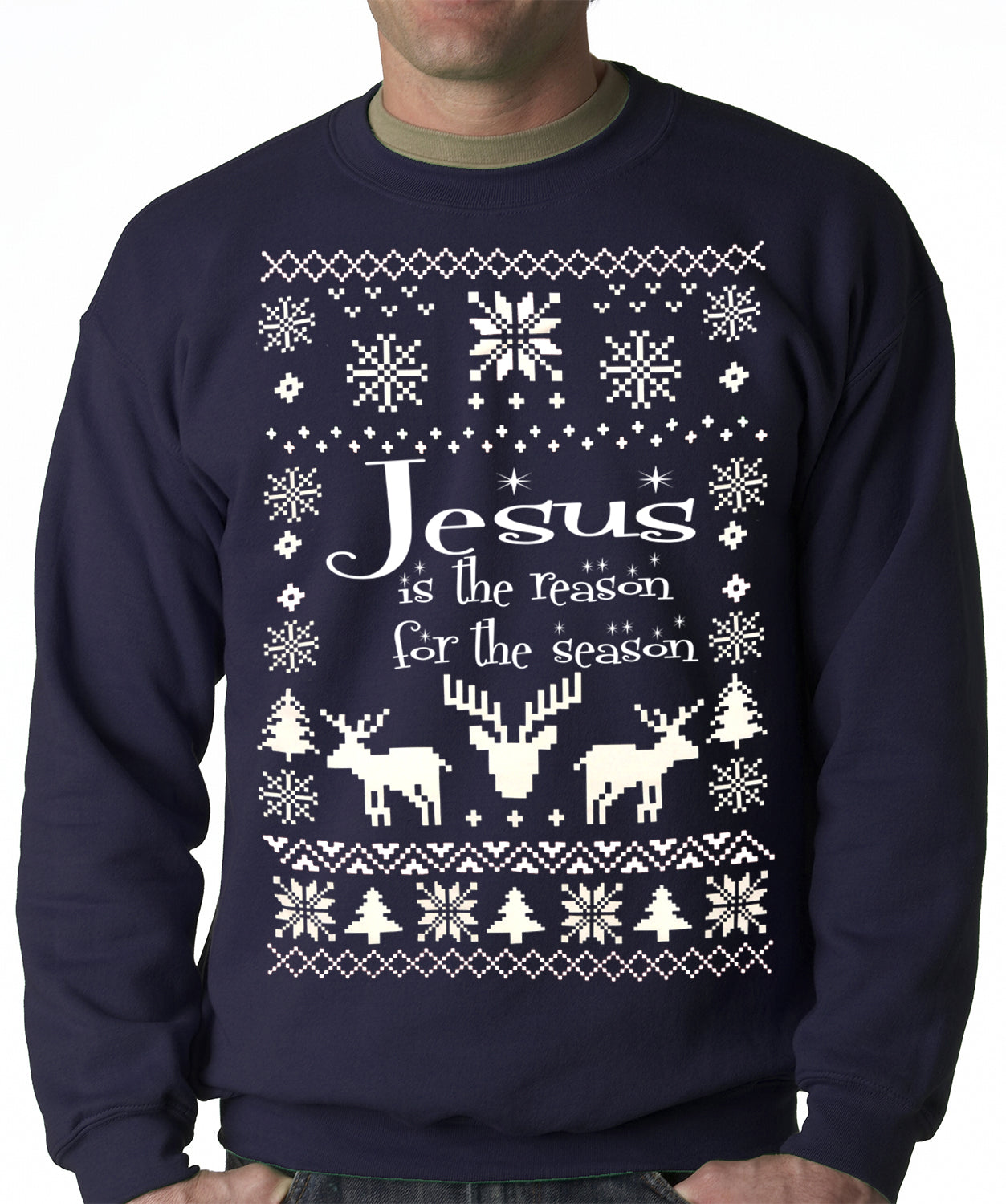 Ugly Sweater Jesus is the Reason Adult Crewneck Sweatshirt