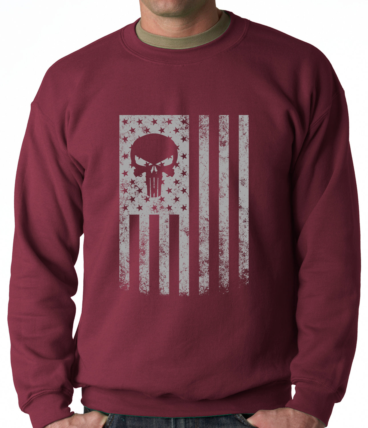 USA - American Flag Military Skull Adult Crewneck