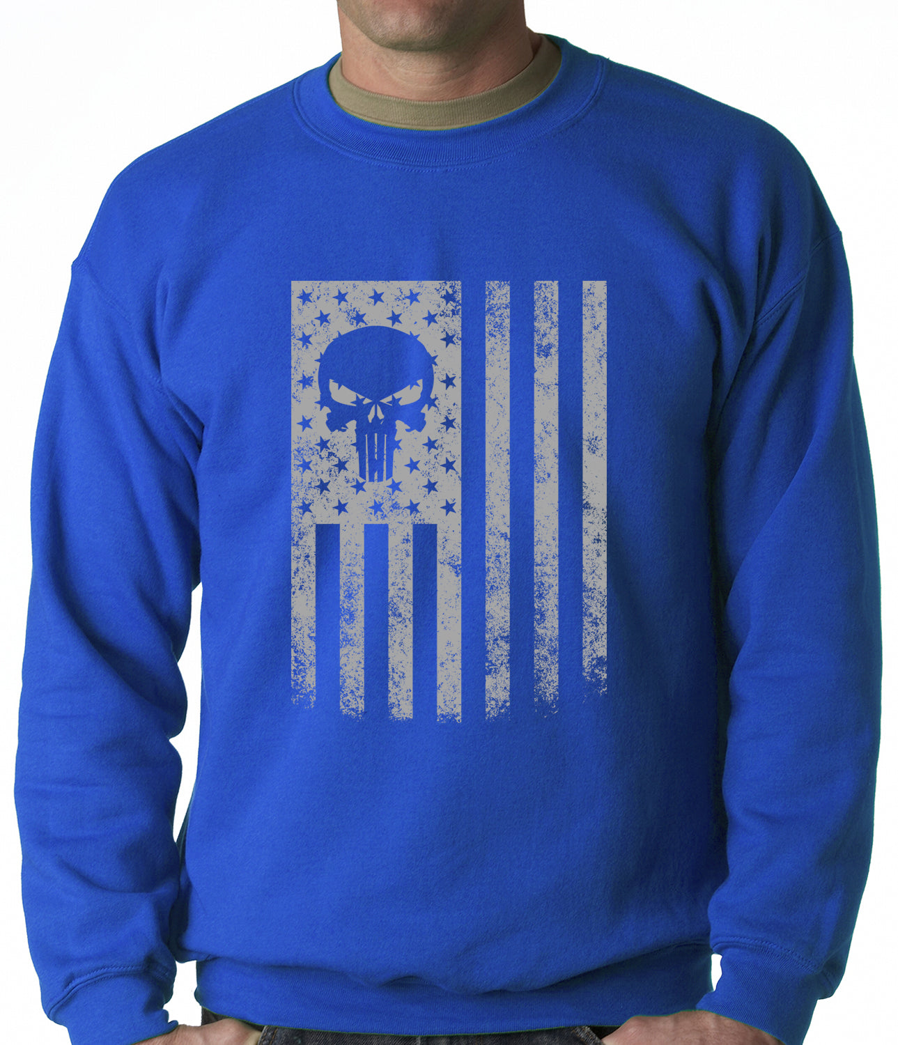 USA - American Flag Military Skull Adult Crewneck