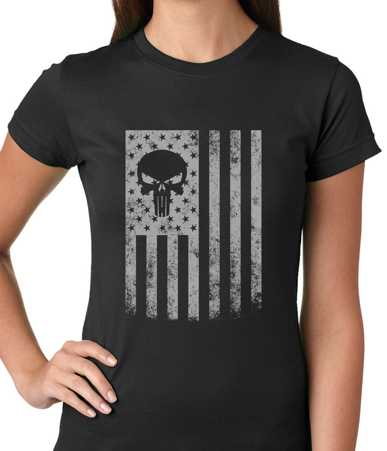 USA - American Flag Military Skull Ladies T-shirt