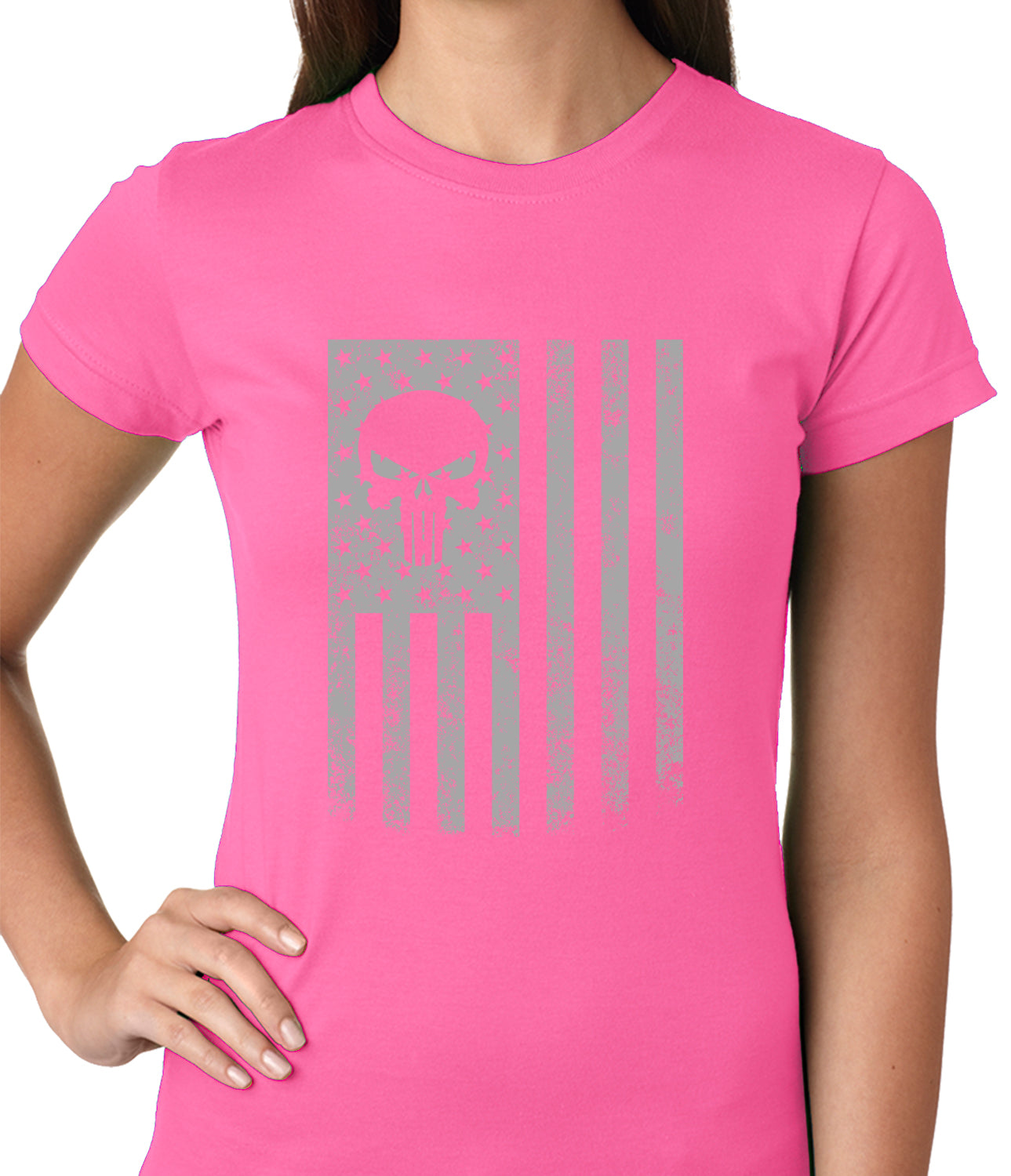 USA - American Flag Military Skull Ladies T-shirt