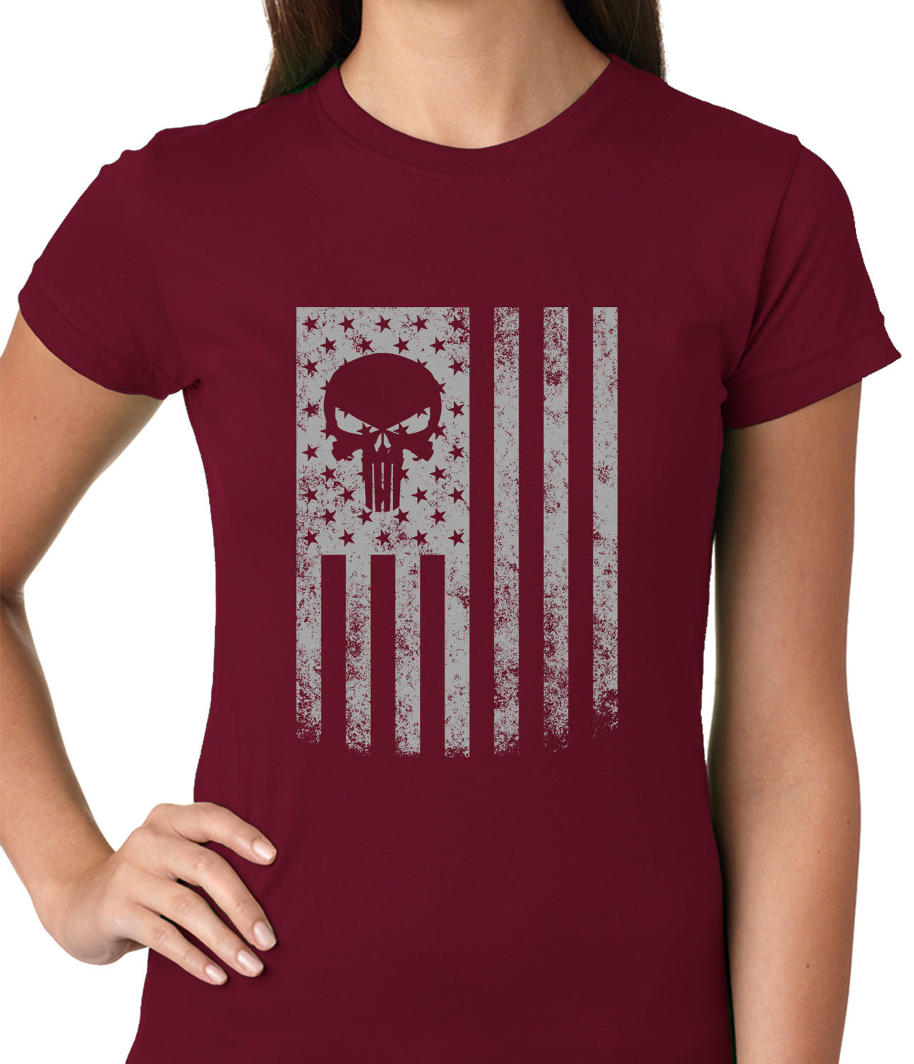 USA - American Flag Military Skull Ladies T-shirt