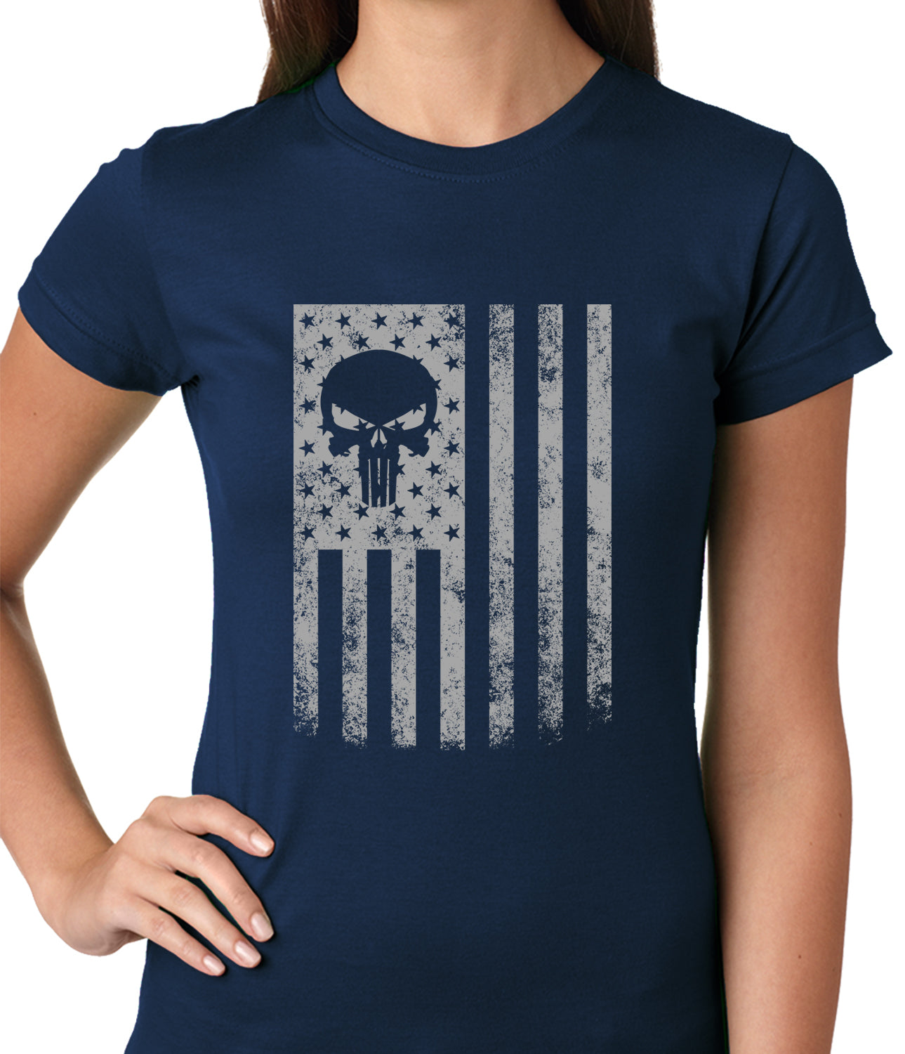 USA - American Flag Military Skull Ladies T-shirt