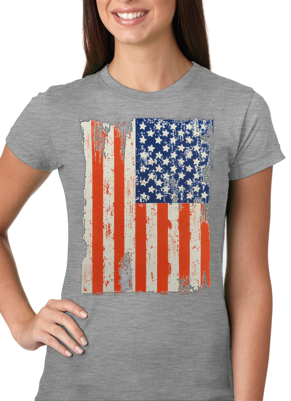 Vertical Distressed American Flag Girls T-shirt