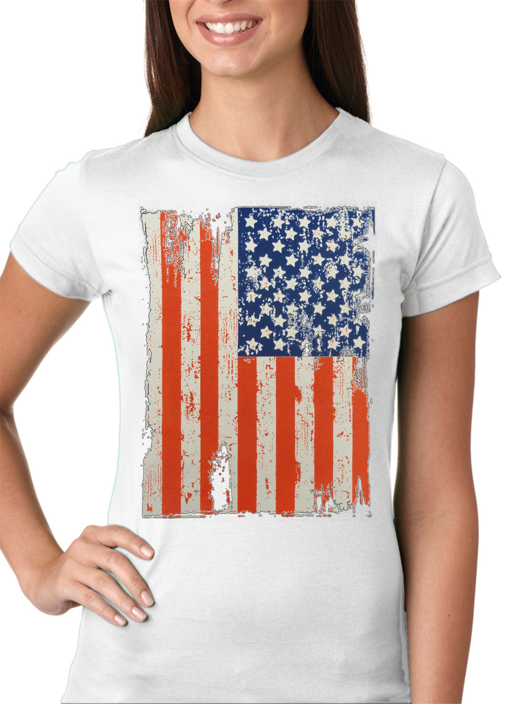 Vertical Distressed American Flag Girls T-shirt