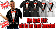 Tuxedo T-Shirts - Mens Tuxedo T-Shirt with Red bow tie and Cummerbund