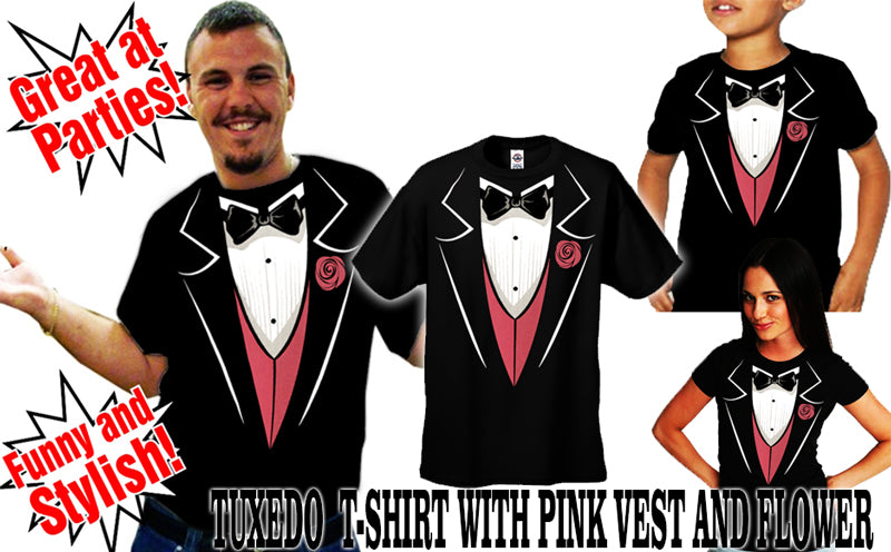 Tuxedo T-Shirts - Mens Tuxedo T-Shirt with Pink Vest and Flower (Black)