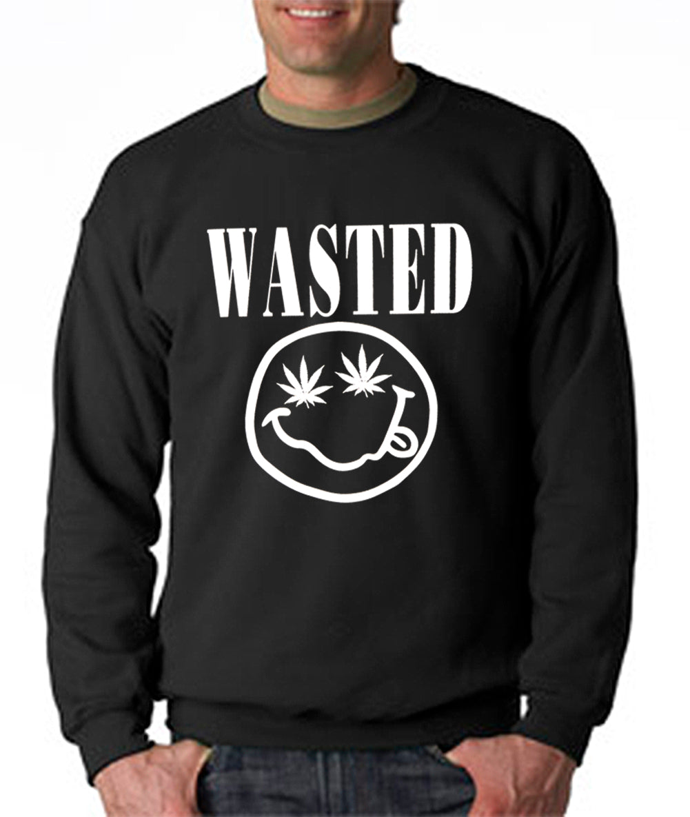 Wasted Pot Leaf Smiley Face Crew Neck Sweatshirt