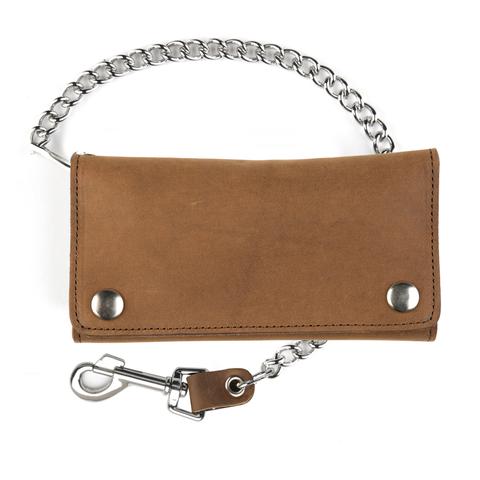 6" BROWN TRI-FOLD WALLET W/ 12" CHAIN