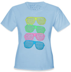 80's Style Sunglasses Black Light Responsive Girls T-Shirt Light Blue