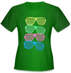 80's Style Sunglasses Black Light Responsive Girls T-Shirt Kelly Green
