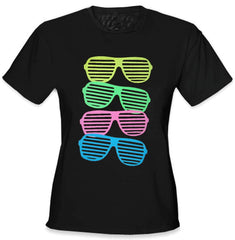 80's Style Sunglasses Black Light Responsive Girls T-Shirt Black