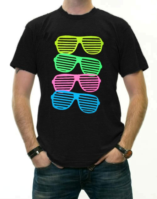 80's Style Sunglasses  Black Light Responsive T-Shirt