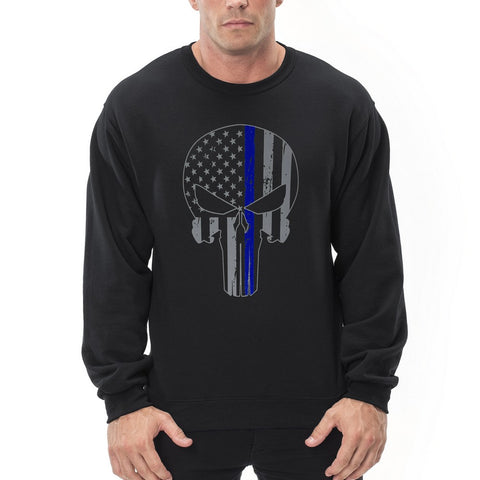 Police Thin Blue Line Skull American Flag - Support Police Department Adult Crewneck