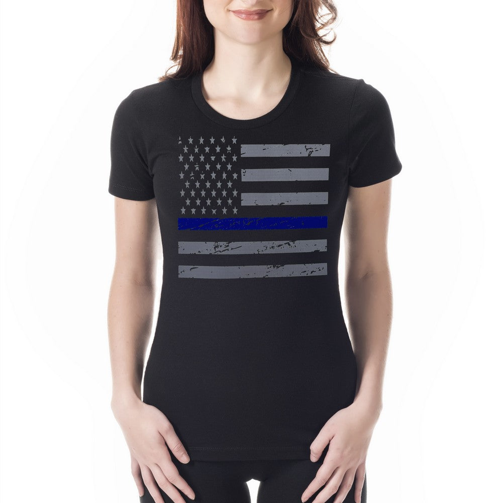Police Thin Blue Line American Flag - Support Police Department Horizontal Ladies T-shirt