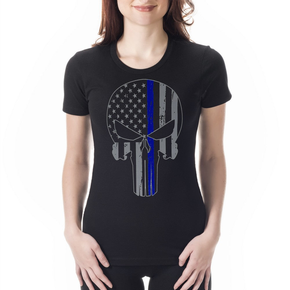 Police Thin Blue Line Skull American Flag - Support Police Department Ladies T-shirt