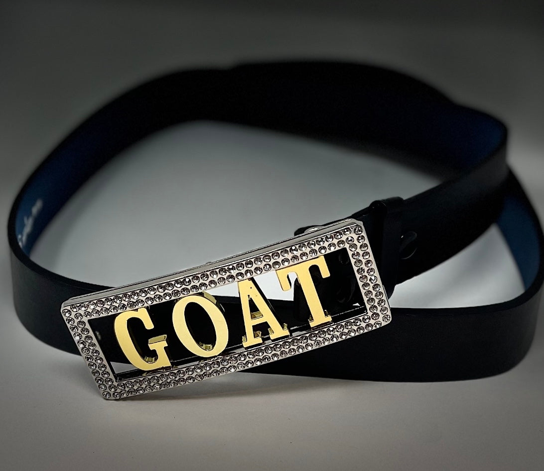 GOAT custom belt buckle rhinestone frame gold letters with free belt