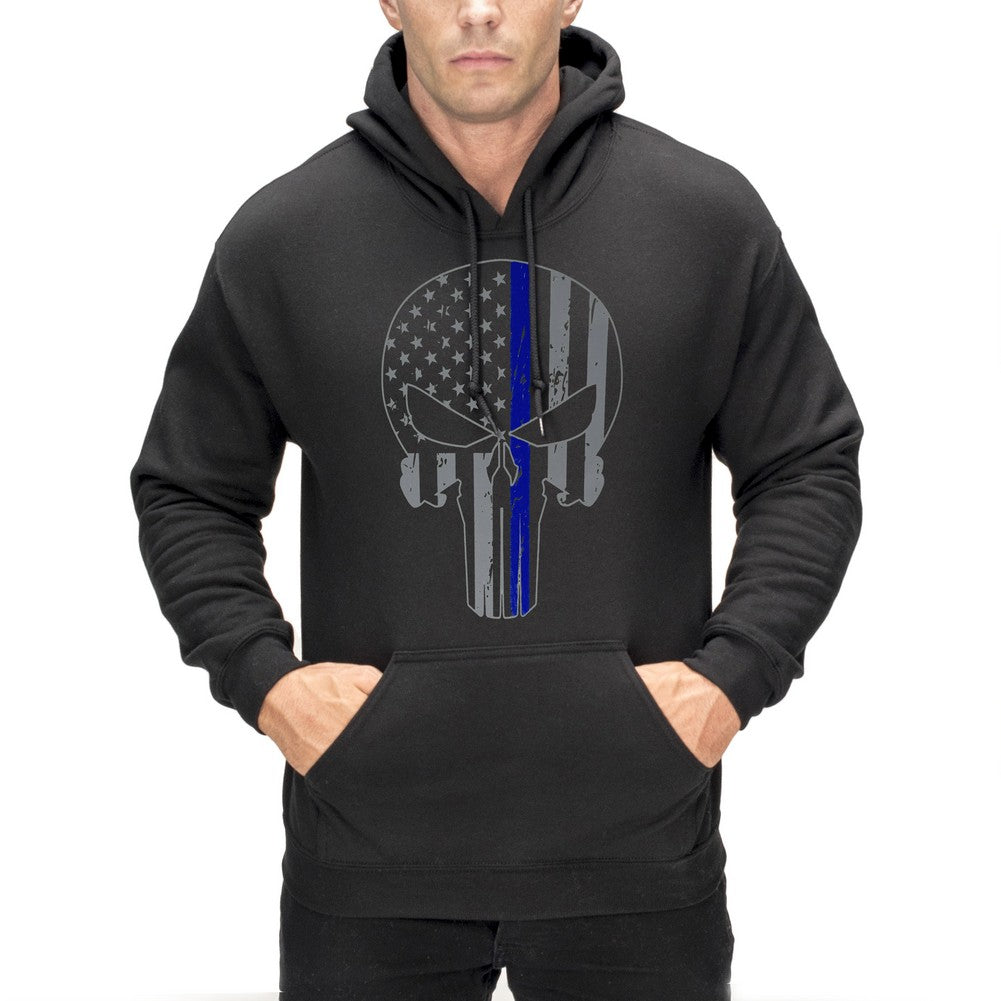 Police Thin Blue Line Skull American Flag - Support Police Department Adult Hoodie