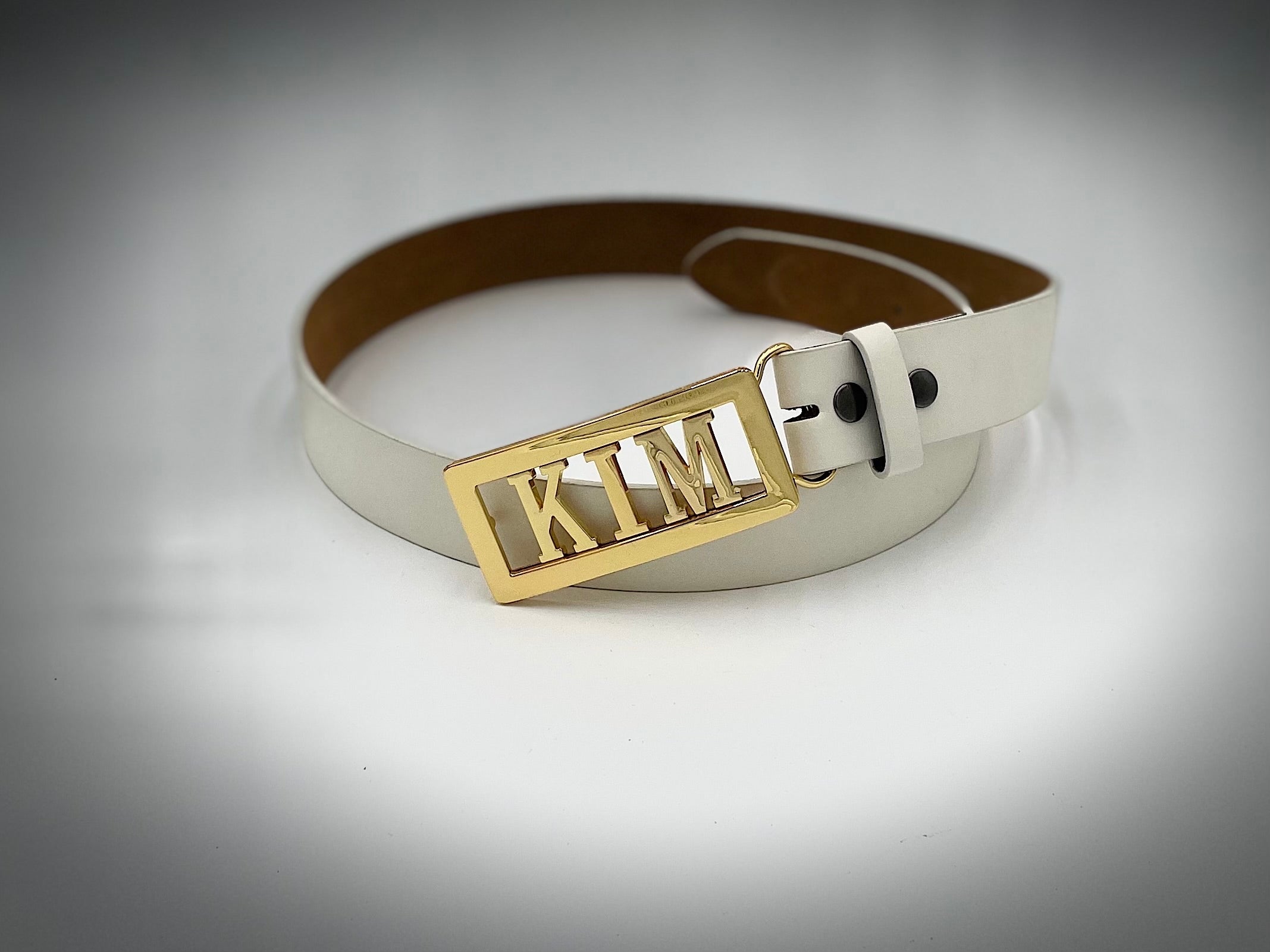 Kim custom belt buckle gold frame gold letters with free belt