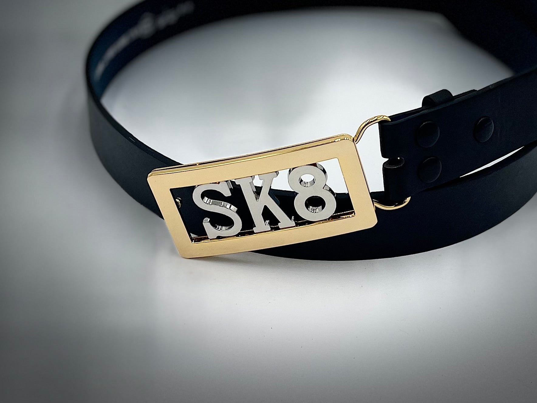 SK8 custom belt buckle gold frame silver letters with free belt