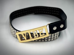 VIBE custom belt buckle gold frame gold letters with free belt