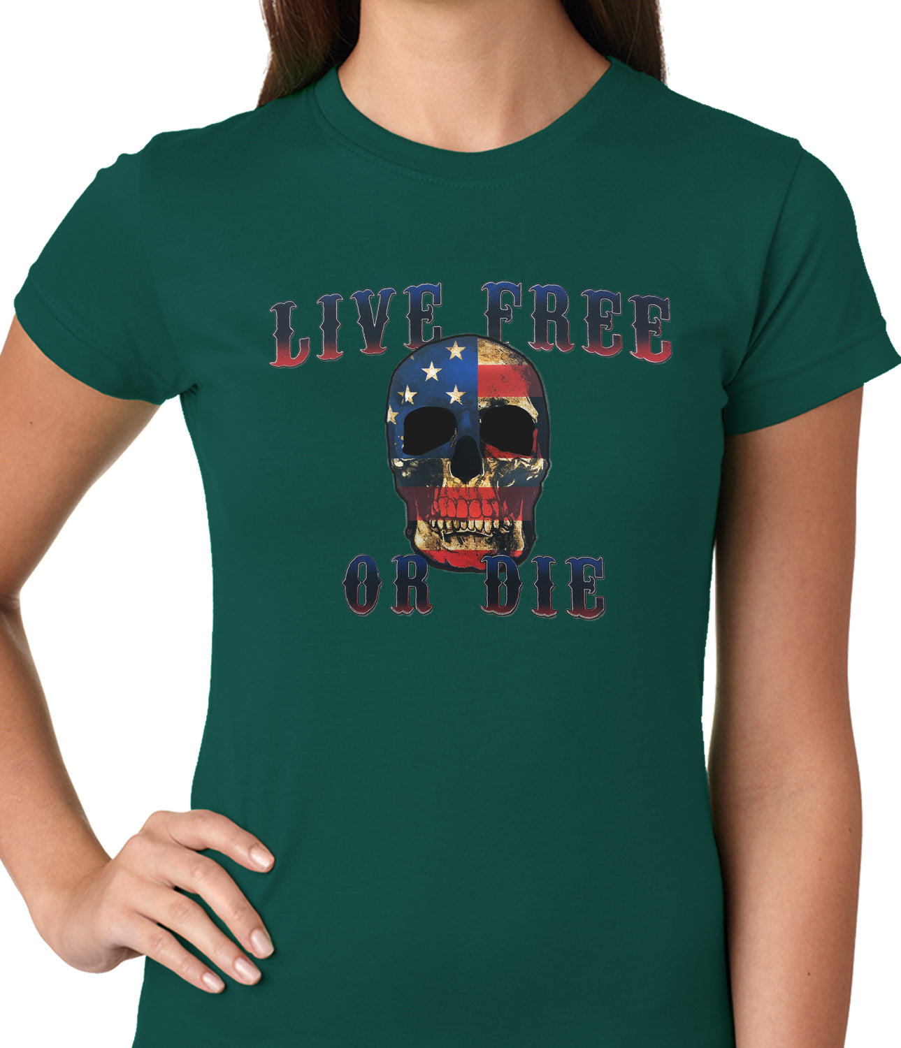 American Flag Skull - Live Free or Die Ladies T-shirt