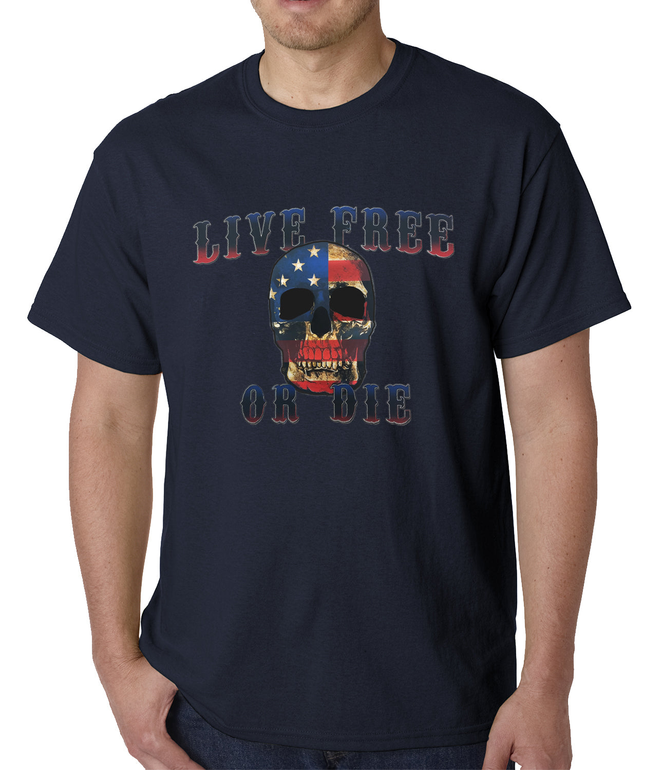 American Flag Skull - Live Free or Die Mens T-shirt