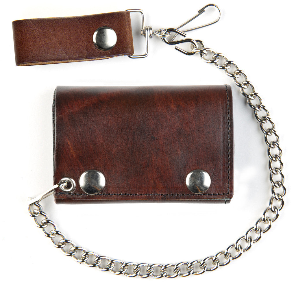 Antique Brown Leather Tri-Fold Wallet With 12 Inch Chain – Bewild