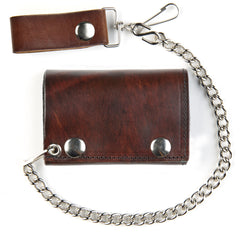 Antique Brown Leather Tri-Fold Wallet With 12 Inch Chain