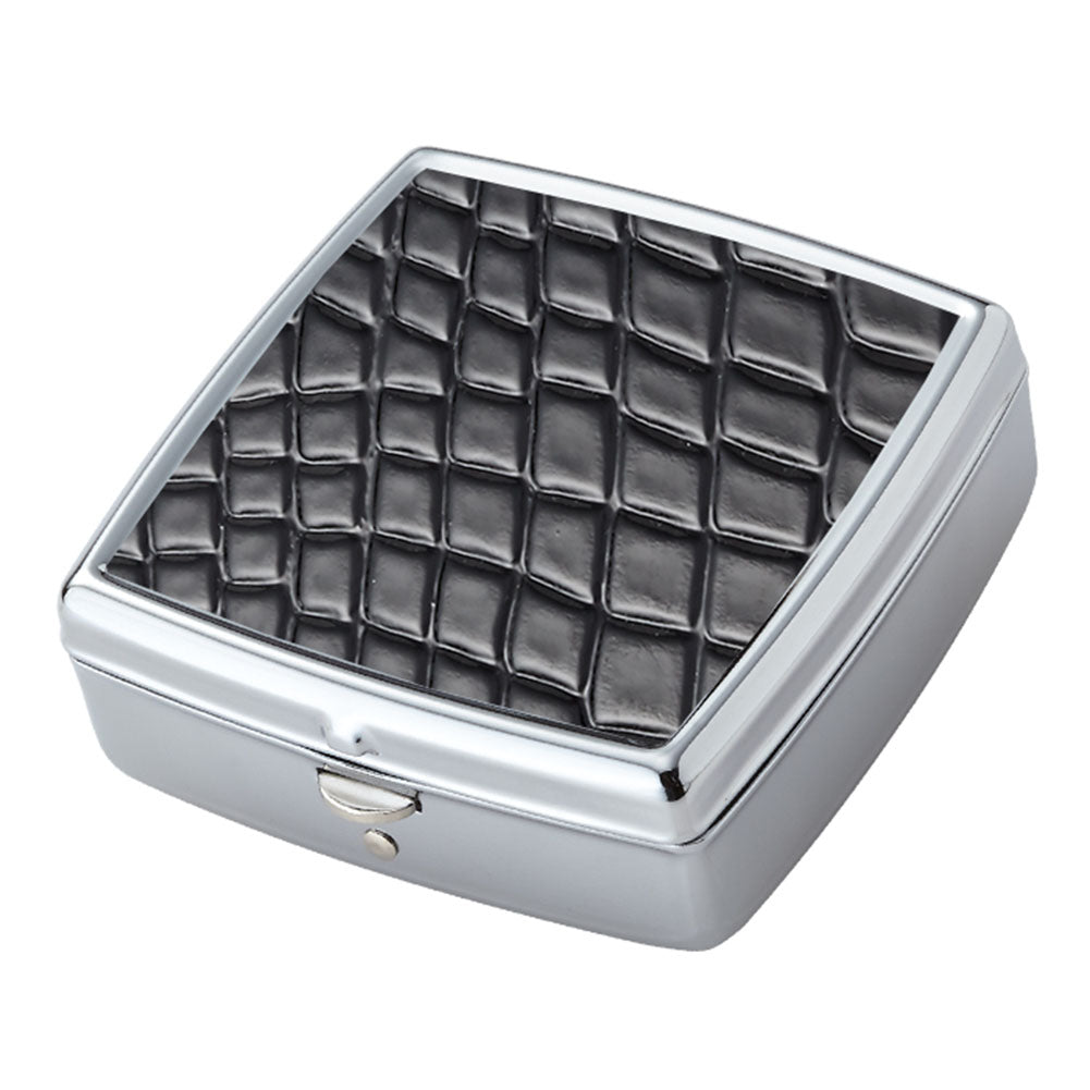 Black Croc Pattern Iron Chrome Plated Square Shaped 2 Compartment Pill Box