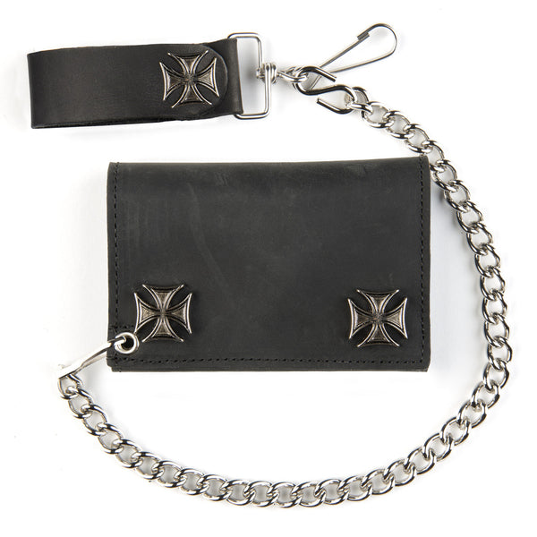 Black Leather Tri-Fold Wallet With Iron Cross Snaps and 12 Inch Chain –
