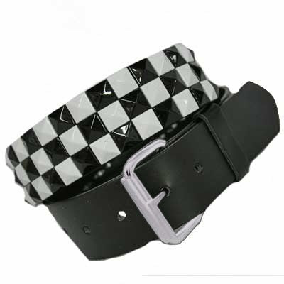 Black & White Checkerboard Pyramid Studded Leather Belt –