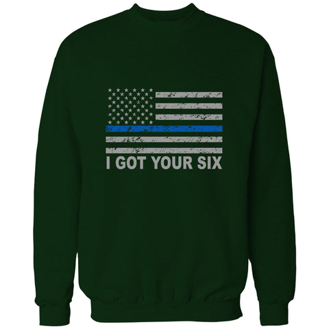 Blue Line American Flag - I Got Your Six - Blue Lives Matter Adult Crewneck