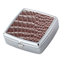 Brown Croc Pattern Iron Chrome Plated Square Shaped 2 Compartment Pill Box