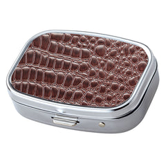 Brown Croc Pattern with Mirror Iron Chrome Plated Rectangular 2 Compartment Pill Box