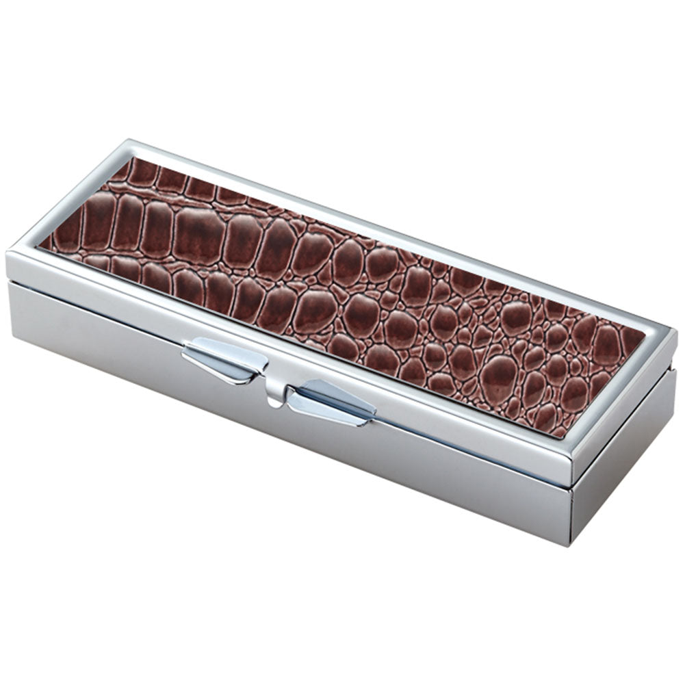 Brown Croc Pattern with Mirror Iron Chrome Plated Rectangular 3 Compartment Pill Box