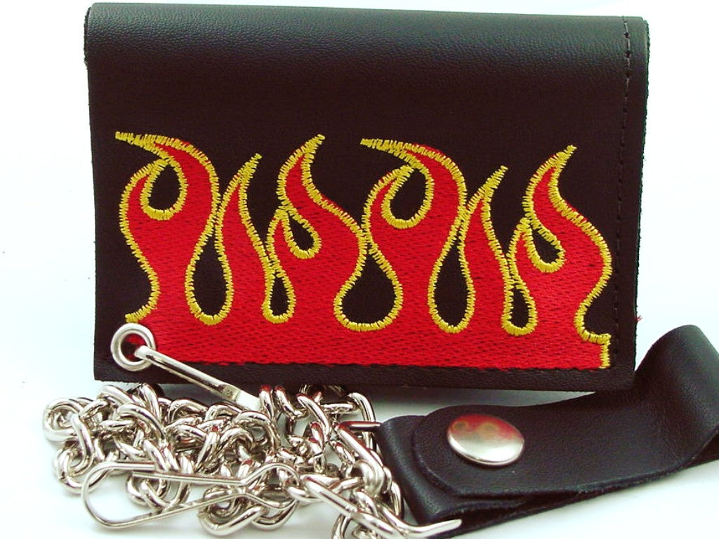 Burning Flames Embroidered Leather Chain Wallet 