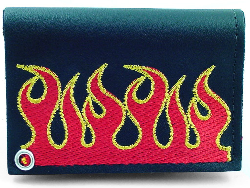 Burning Flames Embroidered Leather Chain Wallet