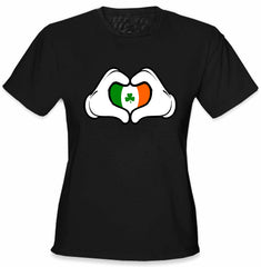 Cartoon Heart Hands Irish Flag Girl's T-Shirt Black