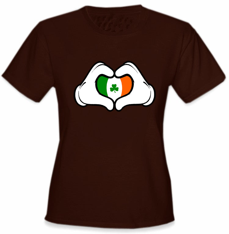 Cartoon Heart Hands Irish Flag Girl's T-Shirt Brown